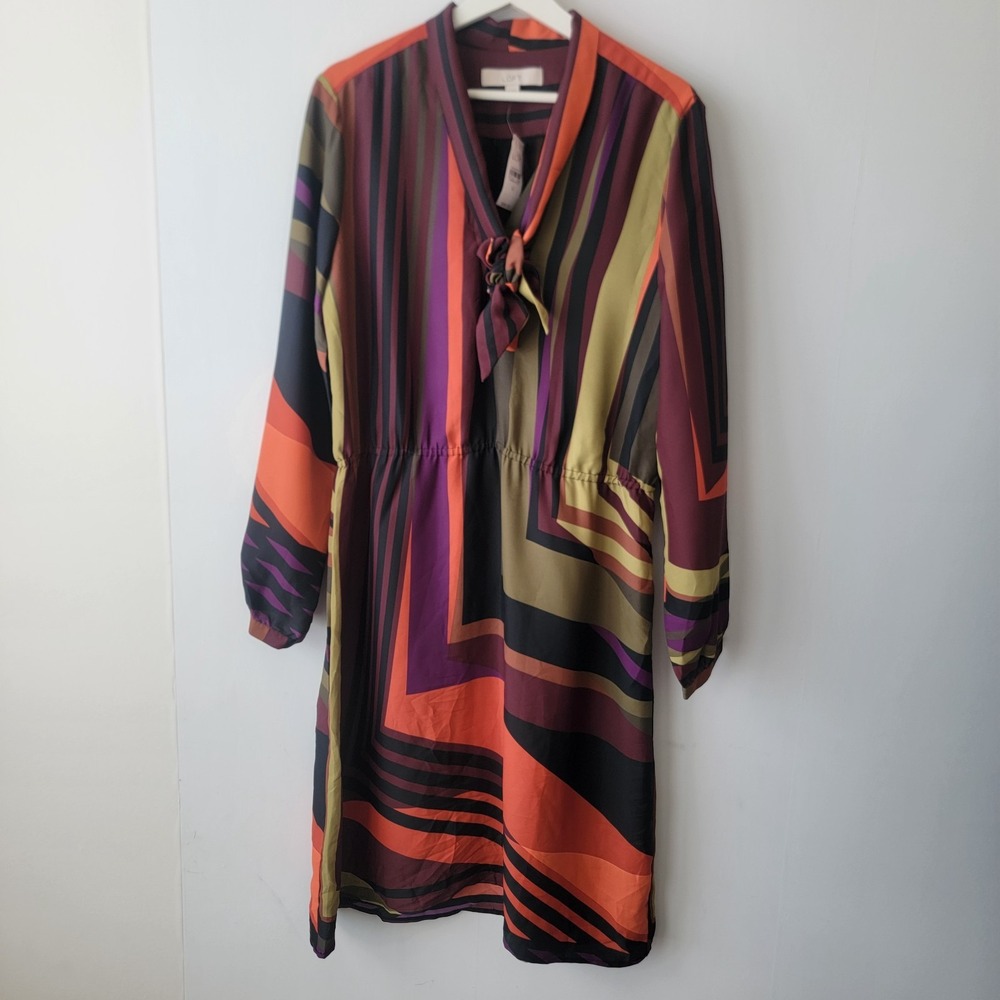 Ann taylor loft womens midi stripe dress sz 12 retro elasticized waist tie-neck